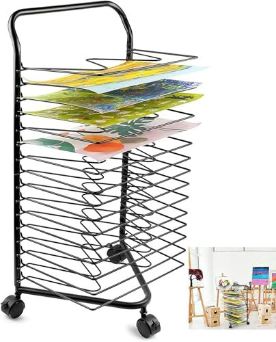 FLTRGO Kunsttrocknungsregal, 16-Schichten Mobile Klassenzimmer Malen-Trocknungsregal Mit Drahtregalen Für Kunststudios Und Heimnutzung, Kunstclubs, Puderbeschichtete Finish-Speicher-Display-Rack