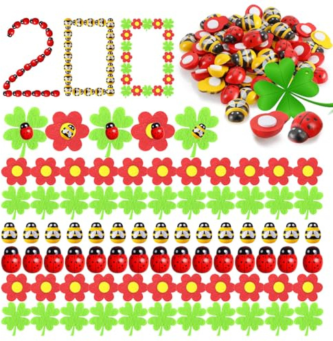 200 Stück Kreativ Basteln Selbstklebende Marienkäfer Deko holz Mini Bienen Deko Selbstklebend Marienkäfer Kleeblatt Glücksbringer Filzblumen Glücksklee Mini Glückskäfer zum Basteln DIY Dekor