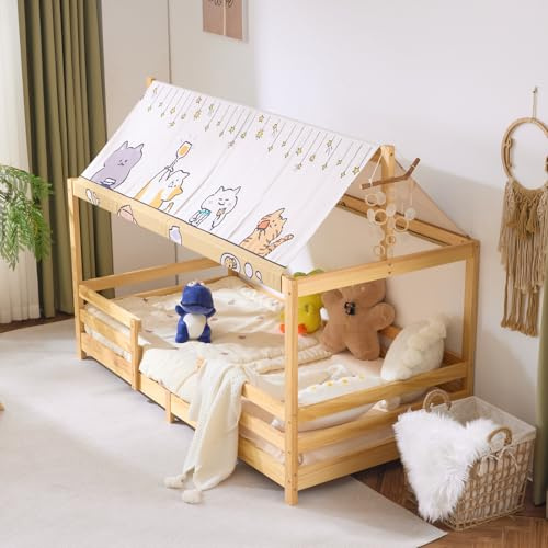 LEADZM Kinderbett Bodenbett 90x200 cm, Kinder Bett Mit Stoffhimmel | Kinderbetten inkl. Rausfallschutz & Lattenrost, Bodenbett Kinder bis 200 kg (Natur)