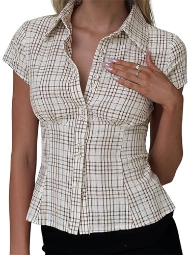 ensswliz Chemise boutonnée pour femme - Coupe ajustée - Couleur unie - Col à revers - Manches courtes - Chemisier d'été Y2k