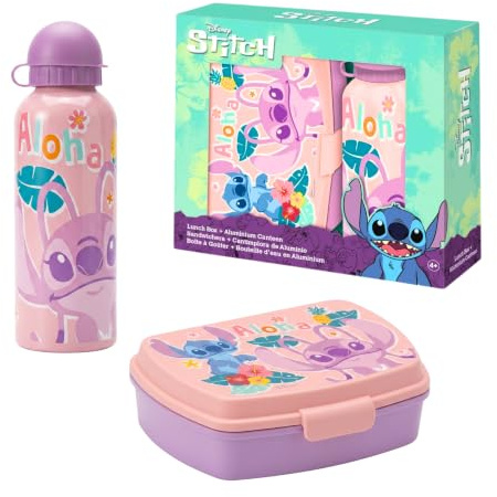 Disney Stitch Botella y Fiambrera, Diseño Stitch y Angel Botella de Agua y Sandwichera para Niñas, Botella de Viaje Aluminio, Capacidad 500 ml