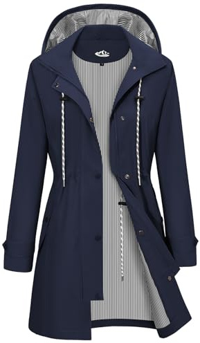 CMTOP Chubasquero Mujer Impermeable Largo Chaqueta con Capucha Al Aire Libre de Viento de Lluvia Abrigos Ligera Encapuchado Cortavientos Plegable Transpirable Cremallera Raincoat