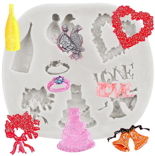 Sijiangmold Weddings Silicone Moulds Anniversary Engagement Fondant Mould Champagne Bottle Diamond Ring Rose Bouquet Moulds for Cake Decoration Chocolate Cupcake Topper Candy Polymer Clay Gum Paste