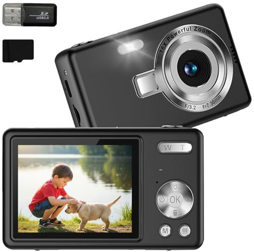 Digital Camera 1080P 44MP Mini Portable Camera for Girls Boys Students with 32GB SD Card & Card Reader Vlogging Camera with 2.4 Screen 8X Zoom Filters LED Fill Light and Anti-Shake