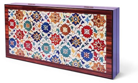 Biggdesign Bloom Backgammon, corps en MDF, fermeture magnétique, vernis de protection brillant, surface de jeu anti-rayures, dés et pions, fabriqué en Turkiye
