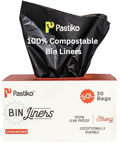 Pastiko 100% Compostable Biodegradable Bin Liners 50L Plant Based Garbage Bags Extra Thick Leak Proof Heavy Duty Bin Bags TUV Austria OK Home and Industrial Compostable for Household Use