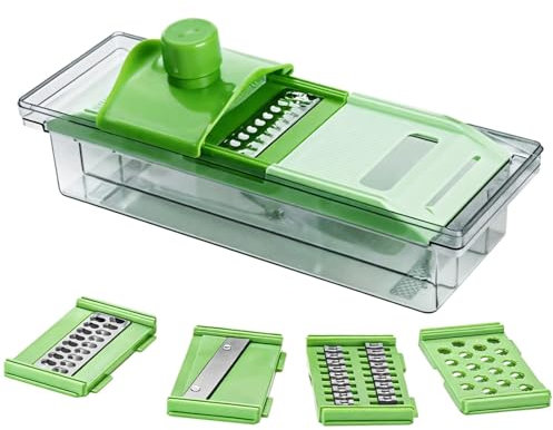 Mandoline trancheuse à légumes avec lames en acier inoxydable, protège-mains sûr et rangement compact pour une utilisation en cuisine