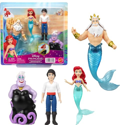 Mattel Disney Princess - Set Personaggi La Sirenetta, 4 mini bambole ispirate al film, la Sirenetta Ariel, il Principe Eric, Ursula e Re Tritone con accessorio tridente, 3+ anni, JHG84