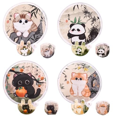 FOSDICK 4 Stück Fächer Rund Faltbar, Rund Handfächer, Cartoon Runde Fecher, Kätzchen Panda Motiv, Pop-Up-Fächer, Handfächer Faltbar für Kühlung, Hochzeit und Heim Dekoration, Reisen, Festival Party