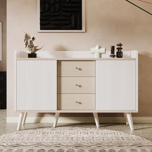 Cómoda con 3 cajones 2 Puertas correderas a Rayas aparador para Dormitorio salón Comedor Cocina Buffet con estantes de Almacenamiento aparador Armario de Almacenamiento Blanco
