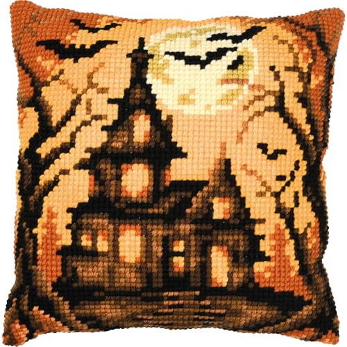Kreuzstichkissen Halloween-Haus, Stickbild gedruckt, 40x40cm