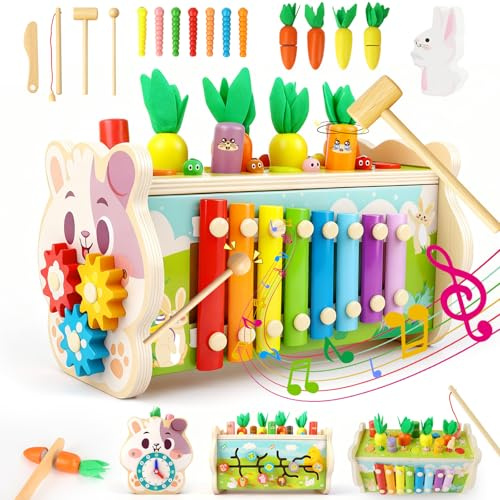 BuzzoXerex Jeux Montessori 1 an, 9 en 1 Jeux en Bois avec Xylophone Bebe, Jeu Pêche, Jeu Marteau, Labyrinthe Numérique, Cadeau Anniversaire Noël Enfant Garcon Fille 1 2 3 4 Ans