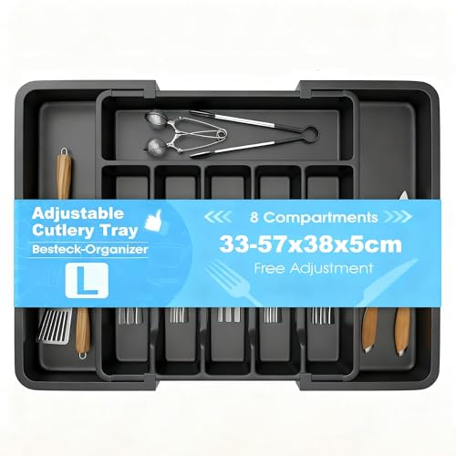 Expandable Cutlery Drawer Organiser – Large Cutlery Tray with 8 Compartments, Multi-Purpose Plastic Storage Insert for Forks, Knives, Spoons, Home & Kitchen Essentials, Black, 33-57 x 38 x 5 cm