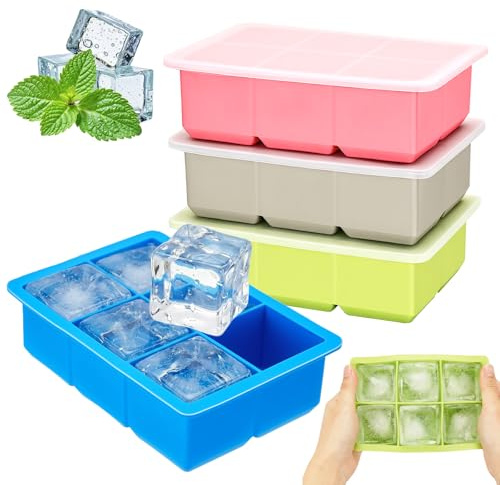 4 Pack Large Silicone Ice Cube Trays for Whiskey, Easy Release 2 inch Cube Ice Trays for Cocktail Whisky, Stackable Ice Cube Trays for Freezer with Leak Proof Removable Lid （4 Color）