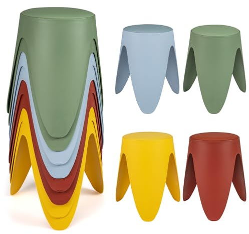 COSTWAY Lot de 8 Tabourets Empilables, Tabourets de Bars Ronds en PP, Siège en Simili Cuir, Poignée Portable, pour École Salon Bureau Salle à Manger, Charge 150 kg, 39 x 39 x 46 cm (3 Pattes,Colorés)