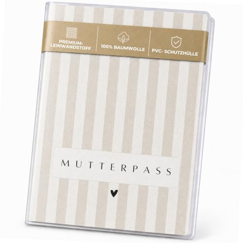 FreudenPost® Mutterpass Schutzhülle & Mutterpasshülle aus Leinwandstoff – Geschenk zur Schwangerschaft & Geburt – Fach für Ultraschallbilder – stilvoll & langlebig (Streifen beige)