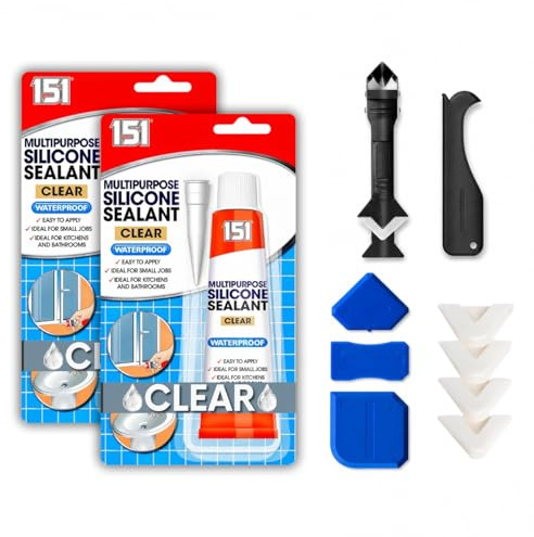 Clear Silicone Sealant Waterproof 2x70g Bathroom Silicone Sealant | Bundled with Caulking Tool Kit, Sealant Remover Tool, Waterproof, Bathroom Shower Sink Window Repair