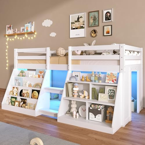Xfholl 3ft Single Low Loft Bed with LED Light and Under-bed Play Space, Wooden Bed Frame with Stairs, Bookcase and Storage Shelf, White, 90 x 190 cm (No Mattress)