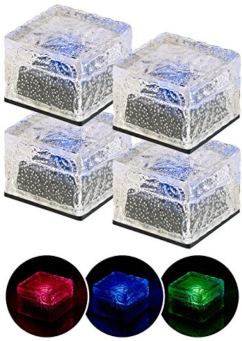 Lunartec Solarleuchten Steine: 4er-Set Solar-RGB-LED-Glasbausteine, Dämmerungsssensor, 7 x 5,4 x 7 cm (Solar Glasbausteine Dekoration, Pflaster Beleuchtung, Stein)