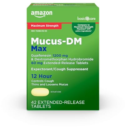 Amazon Basic Care Maximum Strength Mucus DM, Expectorant and Cough Suppressant Extended-Release Tablets, 42 Count