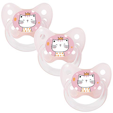 dentistar Silikon Schnuller 3er-Set - Größe 2, 6-14 Monate - Zahn- & kieferfreundlicher Nuckel mit Dental-Stufe – BPA-frei – Made in Germany - Katze, Rosa