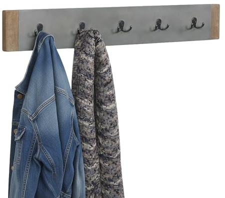 Alaterre Furniture Newport Entryway Collection – 40 Modern Industrial Wall Mounted Coat Rack with 5 Sturdy Hooks, Faux Concrete Panel and Light Amber Wood Trim for Entryway or Mudroom (Gray)