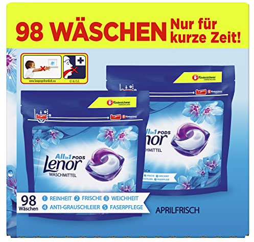 Lenor Waschmittel Pods All-in-1, 98 Waschladungen (2 x 49) Lenor Aprilfrisch mit Duft von Frühlingsblumen