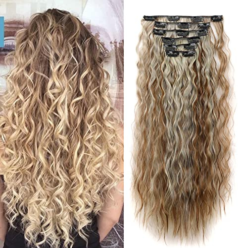 Gairyan Extensiones de Clip de Pelo 6 Piezas 50cm Extensiones de Cabello con Clips Postizo Sintético Rizado Ondulado Largo para Mujeres - Marrón claro y rubio