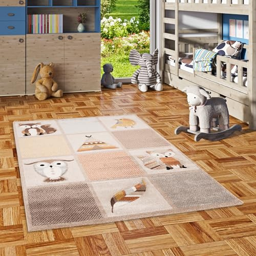 Pergamon Kinderteppich KInderzimmer, Spielteppich für Mädchen und Jungs Kurzflor und Pflegeleicht mit Tiermotiven, Sterne und Herzen