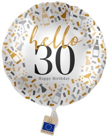 Folienballon Hello 30 – Ballon zum 30. Geburtstag | Geschenk und Deko zum 30. Geburtstag für Männer & Frauen – mit Party-Motiven, Luft/Helium, Made in EU