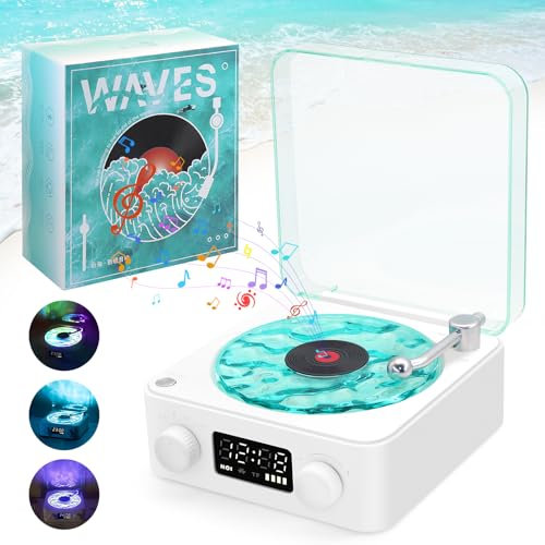 The Waves Vinyl Player con Luz RGB, 2024 Nuevo Tocadiscos de Audio para el Hogar, 3 Modos Ayuda para Dormir con 4 Sonidos de La Naturaleza, Altavoz Portátil de Vinilo Waves con BT, TF, AUX (Blanco)