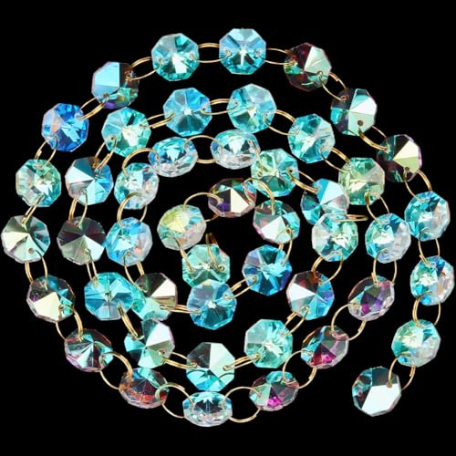 SOFPLATE 1 boîte de 6.56 pieds de Perles de Cristal en Verre Suspendues de 14mm de Cristaux de Lustre Octogonaux Prismes de guirlandes de Cristal de Couleur AB Brins de Chaîne de Perles Ornements pour