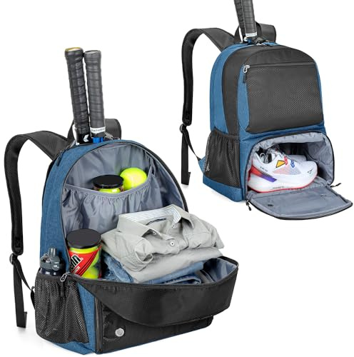 DSLEAF Sac de Tennis Peut Contenir 2 Raquettes, Sac à Dos avec Compartiment à Chaussures Ventilé Séparé pour Les Sports de Tennis/Pickleball/Badminton/Squash, Bleu (Version Améliorée)