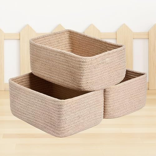 Hopelit Lot de 3 paniers de rangement en corde de coton tressé, avec poignées, empilables, multifonctions, pour chambre d'enfant, table à langer, lin