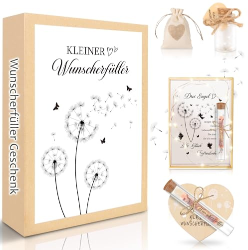 TUZELIYA Wunscherfüller Geschenke für Frauen Freundin - Wunscherfüller Geldgeschenk mit LED Licht, Echte Pusteblume im Glas, Holzkarte Jutesäckchen - Geschenkideen für Weihnachten Geburtstag Hochzeit