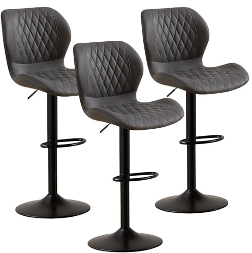 YUUIJOAA Barhocker,Bar Stühle mit Lehne, 360°Drehstuhl Küchenstuhl, Höhenverstellbar, PU-Kunstleder, für Esszimmer Heimbar Kücheninsel (Dunkelgrau, 3 PCS)