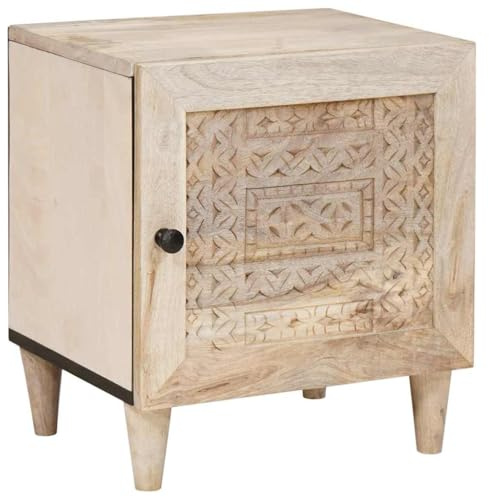 KTHLBRH Table de chevet beige rustique en bois de manguier avec rangement et style confortable 40 x 33 x 46 cm