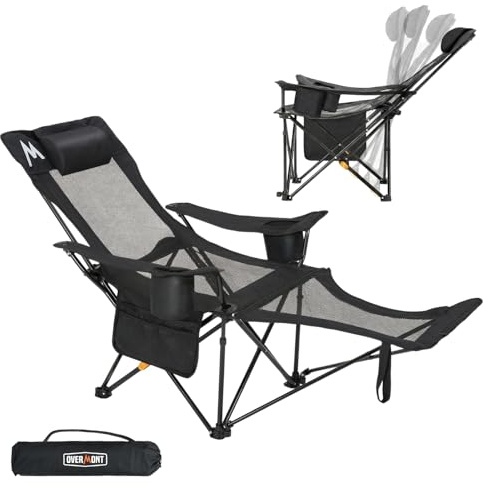 OVERMONT Silla de Camping Plegable - 2 en 1 con Reposapiés, Respaldo Ajustable 4 Posiciones - Silla Reclinable hasta 136 kg, con Reposacabezas y Bolsa - para Camping, Playa, Jardín y Pesca