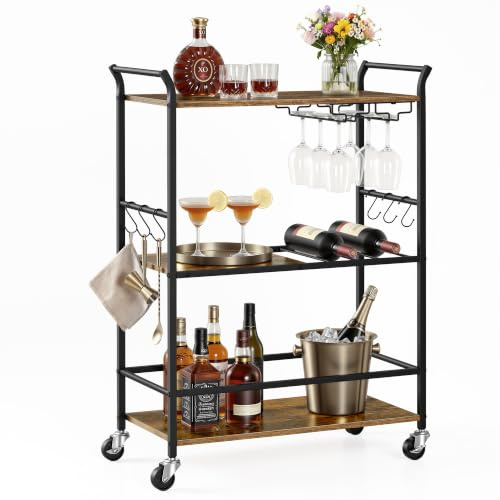 VASAGLE Carrito de Bar, Carro de Cocina, 3 Niveles con Ruedas y botellero