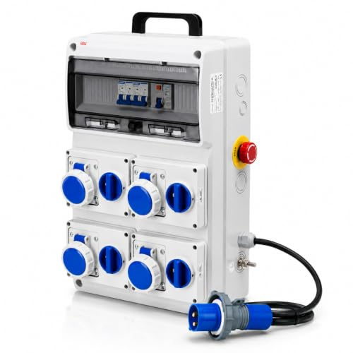 Rosi Cuadro de distribución de obras 9 kW 400 V 4 tomas IP67 Interruptor Diff. 40 A 4P, protección IP55, corriente máx. 63 A, conforme CEI EN 61439-4, material PVC