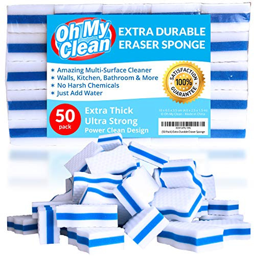 Paquete de 50 esponjas de borrador extra duraderas, extra gruesas, de larga duración, esponjas de melamina premium a granel – Limpiador multiusos – Baño, cocina, piso, bañera, inodoro, zócalo,