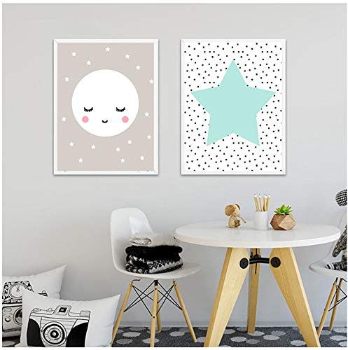 XIANGPEIFBH Leinwand Malerei Pink Mint Moon Art geometrische Kinderzimmer Wandkunst Mädchen Kinderzimmer Poster und Drucke für Babyzimmer-50x70cm mit Rahmen