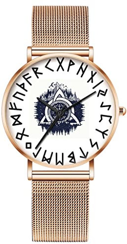 YABEME Viking Orologio da Polso Vegvisir da Uomo, Mitologia Norrena Odino Orologio al Quarzo Ultrasottile in Acciaio Inossidabile Runa Vintage, Set di Regali per Coppie di Moda,Rose Gold