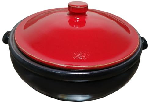 CAZUELA BAJA DE CERÁMICA CON TAPA NEGRA Y ROJA. Artesanos de España. Calidad. Exclusivo. ENVÍO GRATIS. (25CM)
