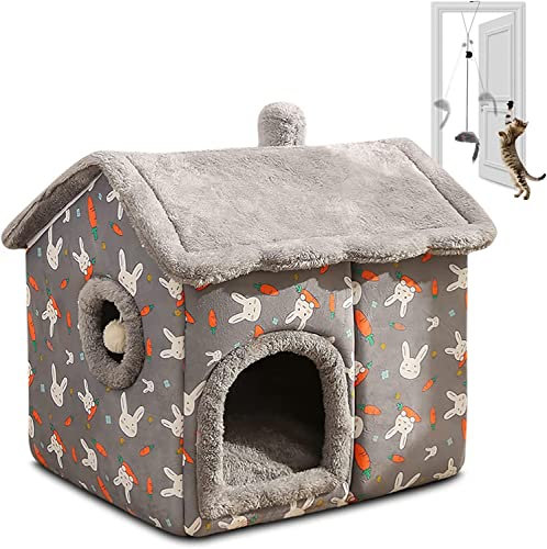 OLOTU Doppelloch-Hundebett, tragbares Katzenbett mit abnehmbarem Kissen, waschbares Haustierbett, Dach, Reißverschlussentfernung unten, faltbar