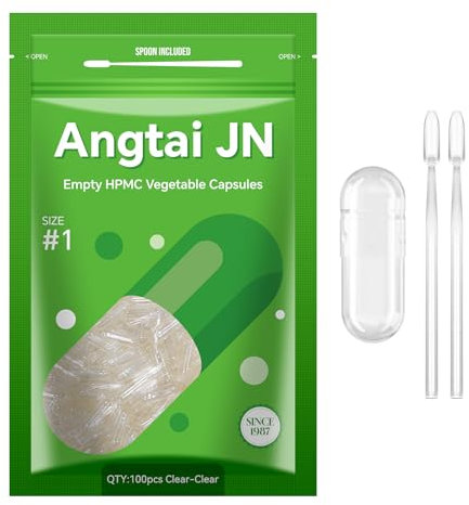 Angtai JN Capsule Vuote Vegetali Taglia 1-Chiavi Capsule Vuote per Riempimento con 2 Micro Cucchiai, Capsule Vuote Fai-Da-Te Compatibili con Dimensioni di Riempimento Capsule 1, 100 Unità