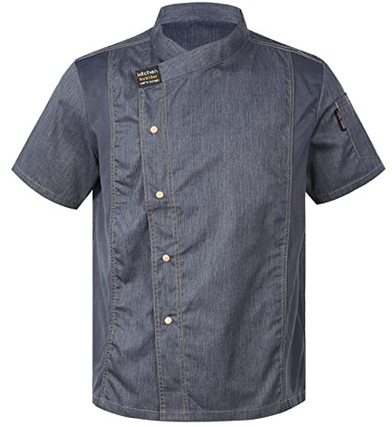 dPois Veste de Chef Cuisinier Homme Femme Manches Courtes Vêtements de Chef Manteau Uniforme Restaurant Blouse de Cuisine Professionnel Travail - Taille Petit Gris 4XL