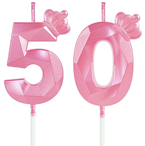 Yiran 3D Birthday Number Candle,Pink 50th Birthday Candles with Crown,Happy Birthday Candle,50th Birthday Candle for Cake,Cake Candles Cake Topper Decorations for Women Birthday Party Supplies