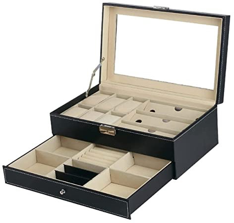 IRYZE Uhrenetui Uhrenbox Uhrenkoffer Uhrenkasten Uhren-Organizer, Multifunktional, 2 Schichten, 6 Fächer, Uhrenbox, 3 Gitter, Brillen, Schmuck, Aufbewahrungsbox Uhrenrolle Uhren Aufbewahrungsbox