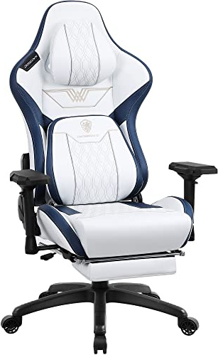 Dowinx Gaming Stuhl mit 4D-Armlehnen, Ergonomischer Gamer Stuhl mit Fußstütze Bürostuhl PU Leder, Massage Bequeme Lordosenstütze Groß und hoch Gaming Sessel 180KG Weiß